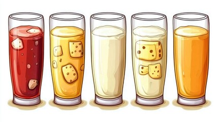 Five glasses of various colorful drinks with ice cubes.  Perfect for menus or recipe websites