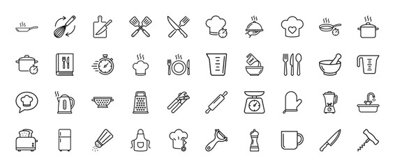 Cooking and kitchen line icon set. Vector pictograms of pan, knife, chef hat, pot, recipe, bowl, blender, toaster, refrigerator, apron, thin outline illustration.