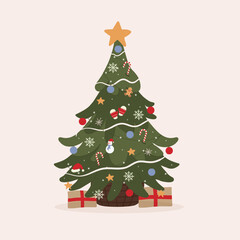 Christmas tree illustration featuring holiday elements such as ornaments, candy canes, snowflakes, mittens, a small snowman, and wrapped gifts placed underneath. Vector illustration.