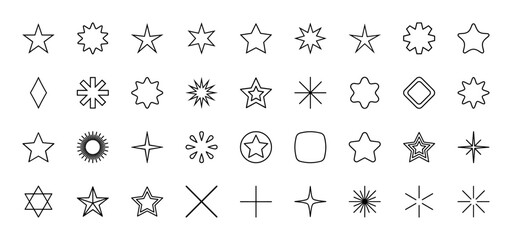 Obraz premium Star line icon set. Vector pictograms of sparkle, burst, twinkle, asterisk, cross, pentagram, hexagram and geometric shapes, thin outline illustration.