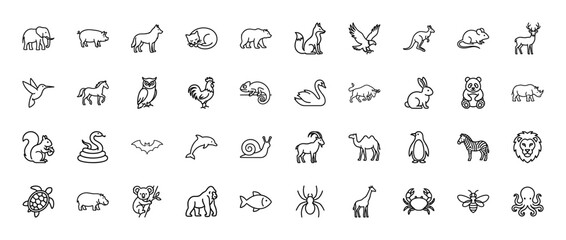 Naklejka premium Animal line icon set. Vector pictograms of elephant, cat, dog, bear, lion, fish, bird, snake and turtle, thin outline illustration.
