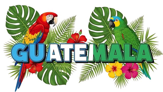 Vibrant guatemala scene with colorful parrots and flowers