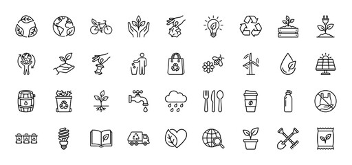 Fototapeta premium Ecology and recycling line icon set. Vector pictograms of solar panel, wind turbine, recycle bin, earth, plant, lightbulb and water drop, thin outline illustration.