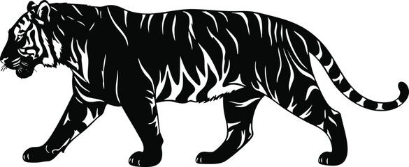 Black tiger silhouette stylized illustration with bold stripes representing power and wild nature isolated on white background