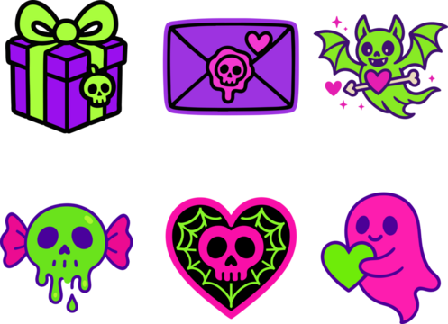 A neon gothic Valentine’s icon set featuring a gift box, love letter, bat, skull candy, heart emblem, and a cute ghost, all illustrated in bold pink, green, and purple with thick outlines. - Powered by Adobe