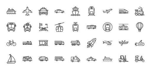 Transportation and vehicle line icon set. Vector pictograms of car, bus, train, ship, airplane, truck, bicycle, rocket, helicopter, ambulance, thin outline illustration.