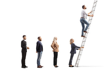 People waiting in line to climb a ladder © Ljupco Smokovski