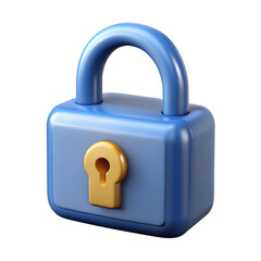 3D illustration of a blue padlock with a gold keyhole on white background