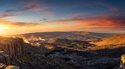 Breathtaking Volcanic Landscape at Golden Hour with Basalt Columns and Lava Flows