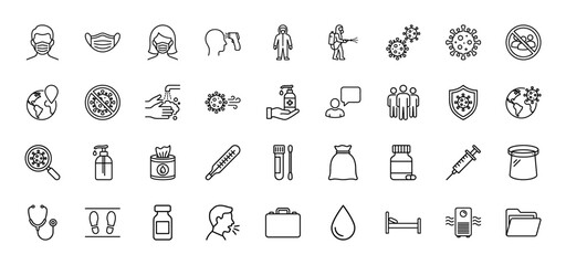 Pandemic and hygiene line icon set. Vector pictograms of face mask, sanitizer, thermometer, virus, vaccine, social distancing, hand washing, thin outline illustration.