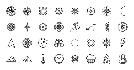 Navigation and camping line icon set. Vector pictograms of compass, map, route, binoculars, sun, moon, tent, mountains, backpack, campfire, thin outline illustration.