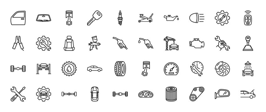 Automotive service line icon set. Vector pictograms of engine, piston, tire, oil, spark plug, battery, mechanic tools and car parts, thin outline illustration.