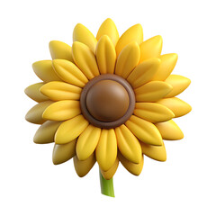 3D illustration of a bright yellow sunflower with brown center and green stem isolated