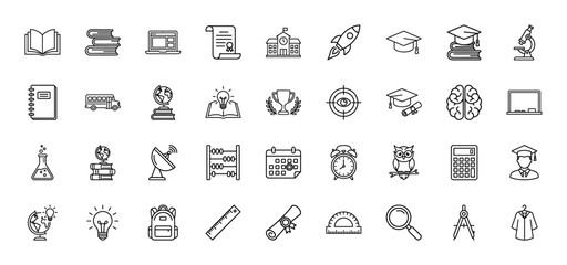 Education line icon set. Vector pictograms of book, diploma, graduation cap, microscope, bus, brain, backpack, calculator, beaker, clock, thin outline illustration.