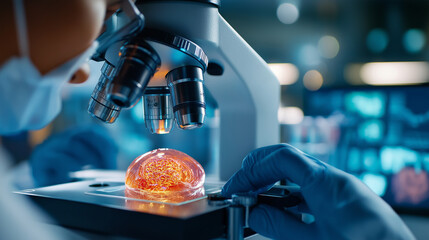 East-Asian faceless scientist conducts advanced cancer cell research using high-powered microscope in modern oncology laboratory with cutting-edge medical science technology equipm