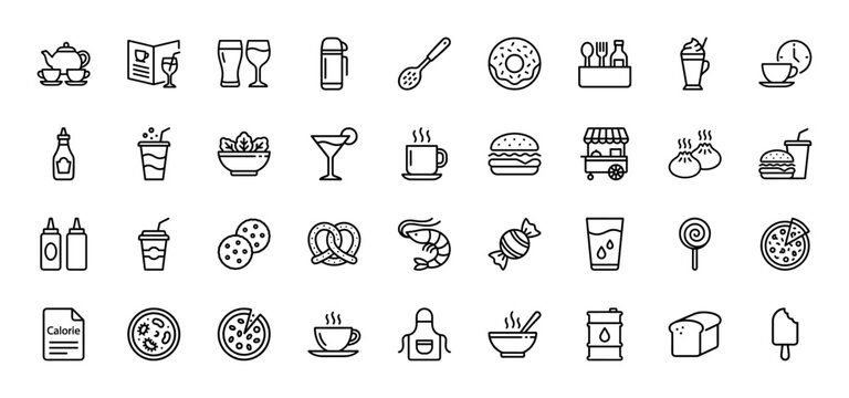Food and drink line icon set. Vector pictograms of burger, pizza, coffee, cocktail, salad, donut, pretzel, shrimp, ice cream, apron, thin outline illustration.