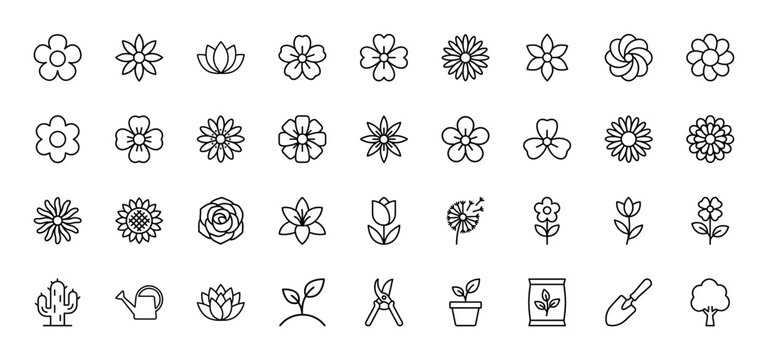 Nature and gardening line icon set. Vector pictograms of flower, rose, tulip, sunflower, lotus, cactus, watering can, shears and tree, thin outline illustration.
