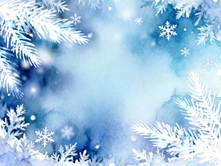 Christmas background with snowflakes. Watercolor hand drawn illustration. Winter background with snowflakes. Watercolor hand drawn illustration.