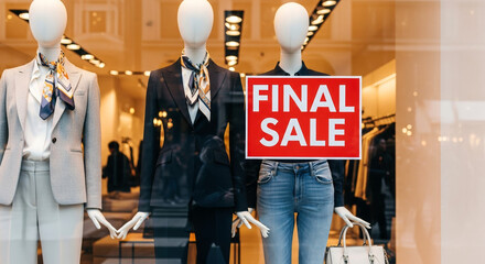 Retail window display with final sale sign featuring stylish mannequins in elegant outfits. Final sale promotes fashion choices with tailored suits and casual wear showcased.