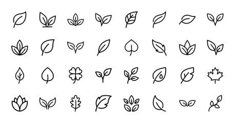 Nature and ecology line icon set. Vector pictograms of leaf, foliage, sprout, clover, maple, lotus, stem and organic plant shapes, thin outline illustration.
