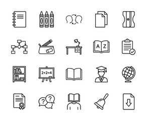 Education line icon set. Vector pictograms of notebook, crayons, sharpener, desk, books, globe, graduate, certificate, and bell, thin outline illustration.