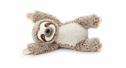 Adorable sloth toy isolated on white background, featuring soft fur and friendly expression. This playful sloth design appeals to children and collectors