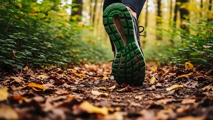 Person running on forest trail with green shoes