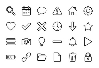User interface line icon set. Vector pictograms of search, calendar, chat, home, settings, heart, camera, battery, folder, lock and trash, thin outline illustration.