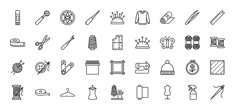 Sewing and needlework line icon set. Vector pictograms of machine, scissors, thread, mannequin, tape, yarn, cushion, safety pin and needle, thin outline illustration.