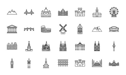 Travel and architecture line icon set. Vector pictograms of bridge, cathedral, castle, wheel, amphitheater, windmill, stadium and tower, thin outline illustration.