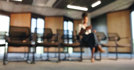 Beginning, blur and business people in conference room of office for development seminar or workshop. Getting ready, meeting and seating with employee group in workplace for start of lecture