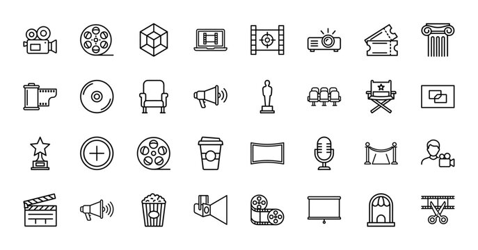 Cinema and movie line icon set. Vector pictograms of camera, reel, popcorn, ticket, projector, clapperboard, award, chair, thin outline illustration.