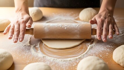 Rolling out dough with a wooden rolling pin
