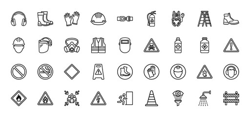 Industrial safety line icon set. Vector pictograms of helmet, boots, gloves, vest, mask, fire extinguisher, warning signs and protective gear, thin outline illustration.
