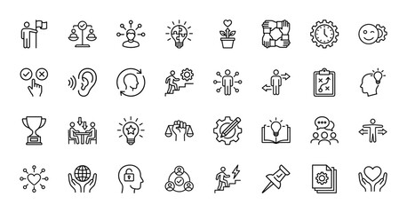 Business management and leadership line icon set. Vector pictograms of strategy, teamwork, success, innovation, time, and career growth, thin outline illustration.