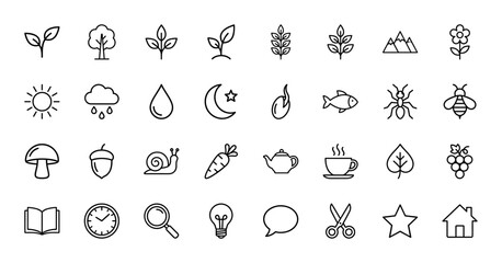 Fototapeta premium Nature and daily life line icon set. Vector pictograms of tree, sun, flower, bee, mushroom, snail, coffee, book, clock, lightbulb and house, thin outline illustration.
