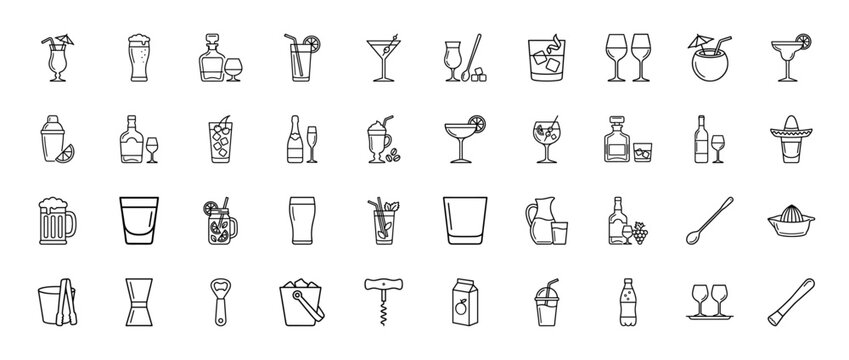 Cocktail and bar equipment line icon set. Vector pictograms of alcoholic drinks, beer, wine, whiskey, shaker, glassware and tools. Thin outline illustration.