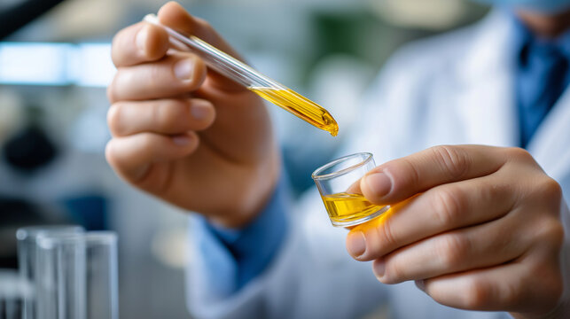 Closeup of faceless laboratory technician conducting rigorous oil test, ensuring product integrity and safety, oil sample for quality control and purity testing, advancing petroche