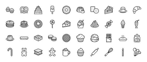 Dessert and sweet food line icon set. Vector pictograms of cake, donut, cupcake, cookie, chocolate, waffle, pancake, candy and croissant, thin outline illustration.