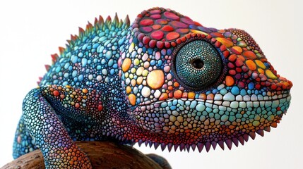 Fototapeta premium Colorful chameleon sculpture on display with vibrant dots in art exhibition setting