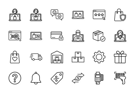 E-commerce and retail line icon set. Vector pictograms of delivery, payment, support, warehouse, truck, gift, scanner, review, coupon, thin outline illustration.