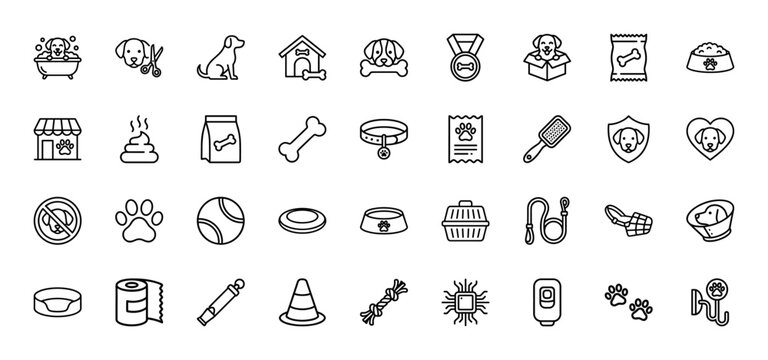 Dog care and pet shop line icon set. Vector pictograms of grooming, food, house, toys, training, veterinary, leash, collar, bone, bowl, thin outline illustration.