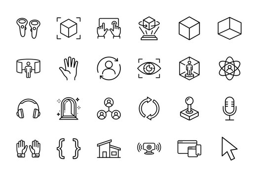Virtual reality and metaverse line icon set. Vector pictograms of headset, controller, panorama, hologram, avatar, haptic gloves, joystick, thin outline illustration.