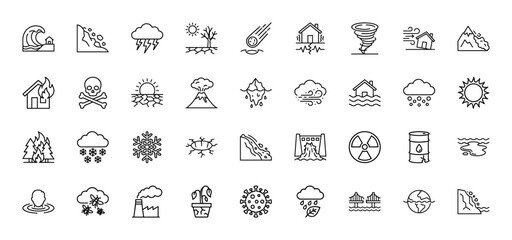 Natural disaster line icon set. Vector pictograms of tsunami, earthquake, flood, drought, volcano, tornado, fire, storm, nuclear and pollution, thin outline illustration.