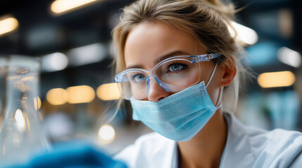 Young female faceless scientist in modern laboratory setting, looking focused and confident while conducting research and experimentation in high-tech environment, with copy space