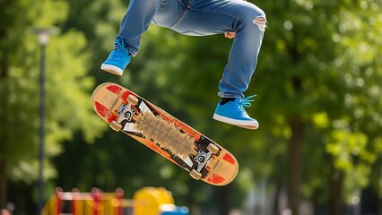 Skateboarder performing aerial stunt in the park