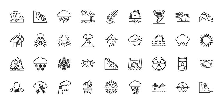 Natural disaster line icon set. Vector pictograms of tsunami, earthquake, flood, drought, volcano, tornado, fire, storm, nuclear and pollution, thin outline illustration.