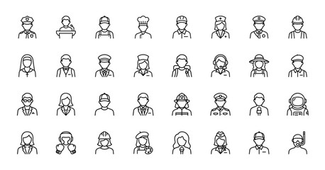 Obraz premium Professions line icon set. Vector pictograms of doctor, police, chef, engineer, astronaut, firefighter, farmer, nurse, artist, waiter and boxer, thin outline illustration.