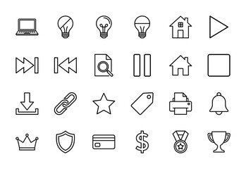 Fototapeta premium Interface line icon set. Vector pictograms of laptop, lightbulb, home, play, search, download, link, printer, bell, shield, card and trophy, thin outline illustration.