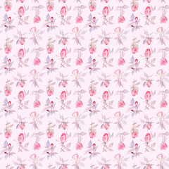 Ditsy floral pattern with watercolor pink roses and elegant purple-gray leaves on pink background. Fresh and spring design, perfect for cottage and retro styles, for fabric, home textile, gift paper